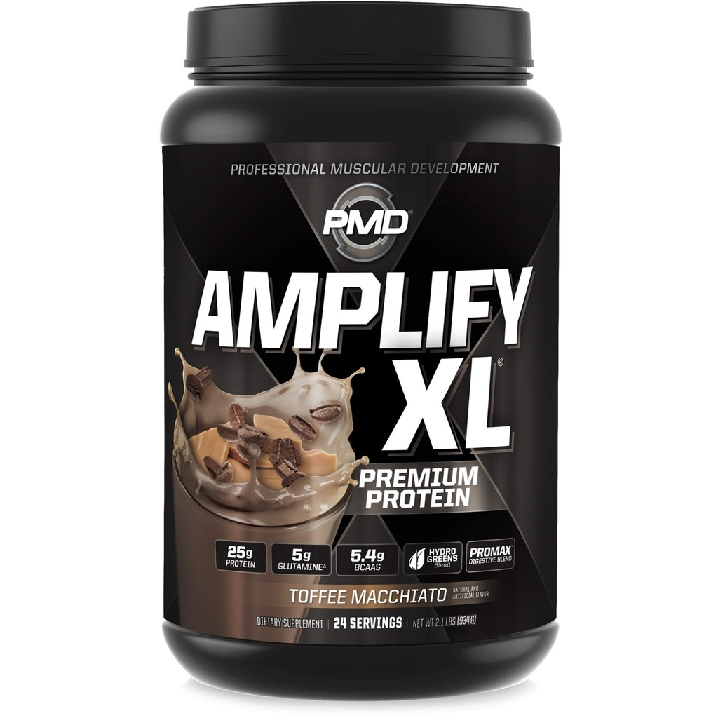 PMD Sports Amplify XL Premium Whey Protein Supplement Hydro Green Blend - Glutamin og Whey Protein Matrix med superfood til muskel, styrke og inddrivelse - Toffee Macchiato (24 Servere)