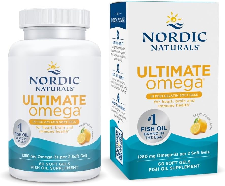Nordic Naturals Ultimate Omega in Fish Gelatin, Lemon Flavor - 60 Soft Gels - 1280 mg Omega-3 - High-Potency Fish Oil Supplement - EPA & DHA - Promotes Brain & Heart Health - Non-GMO - 30 Servings