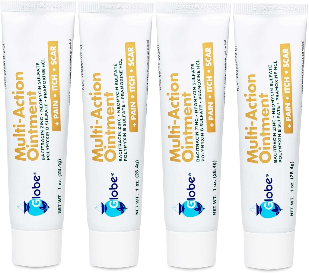 Globe (4 Pack) Førstehjælp Antibiotisk Scar Minimizing Paining-Relief, Anti- Itch Salve med Neomycin, Bacitracin Zink, Pramoxine HCl & Polymyxin B, for Minor Cuts, Scrapes & Burns
