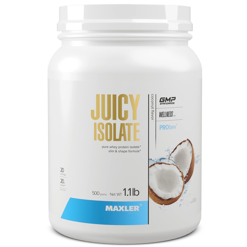 Maxler Juicy Isolate Protein Powder - Clear Whey Isolate - Low Lactose, Fat Free, Sugar Free Muscle Recovery Drink for Pre & Post Workout - 90% af Protein per servering - Kokosolie 1.1 lb (20 Servere)