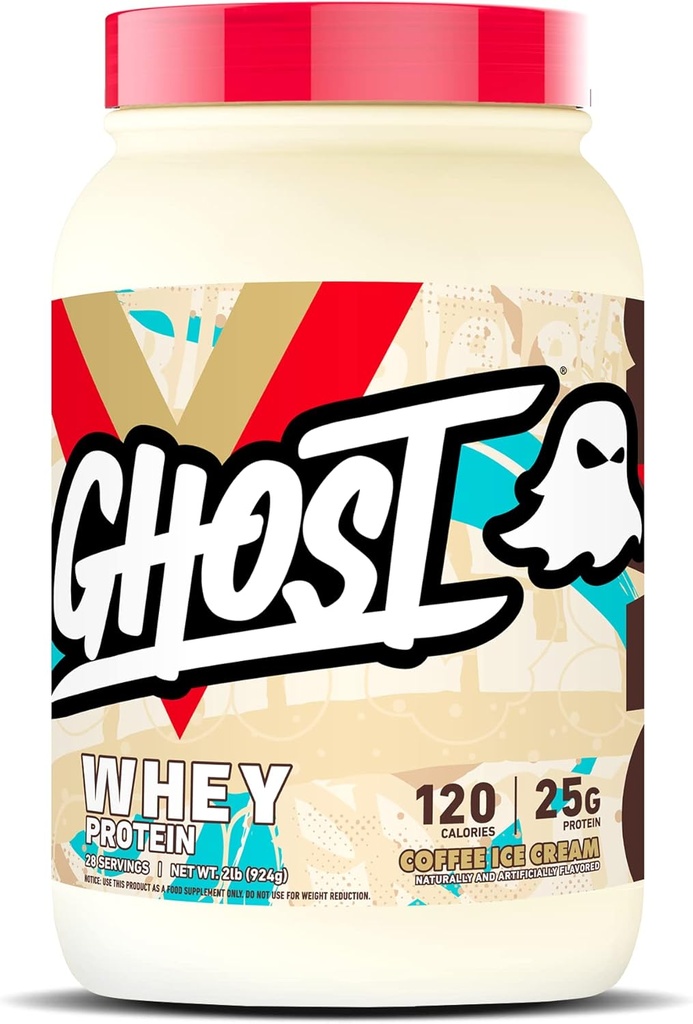 GHOST Whey Protein Powder, Coffee Ice Cream - 2LB, 25G Protein - Whey Protein Blend - Post Workout Fitness & Nutrition Shakes, Smoothies, Bagning & Madlavning - Soy & Gluten- Free