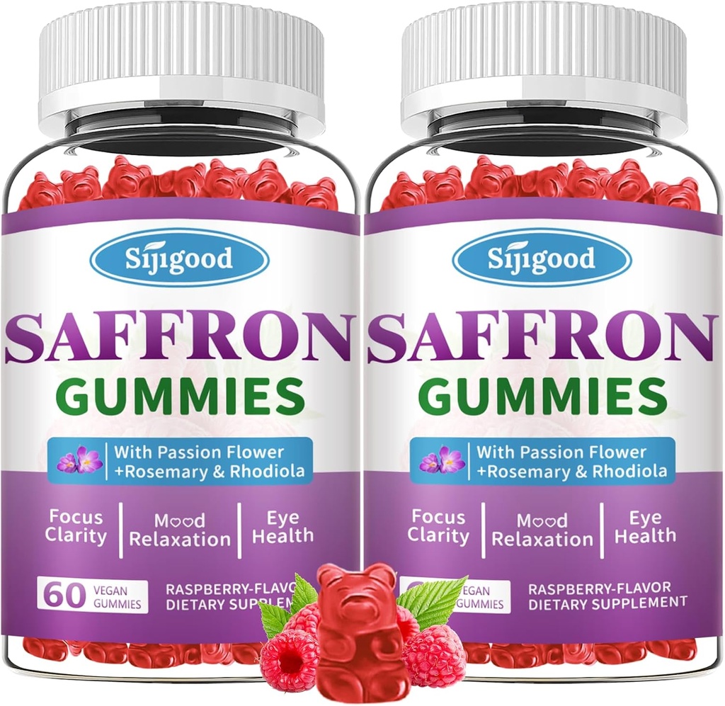 2 Pakker Saffron Gummies - Sukker Free Saffron supplement til mænd Kvinder Mood Support Supplement med Saffron Extract, Passion Flower, Magnesium & Vitaminer til afslapning, Fokus, Raspberry Flavor