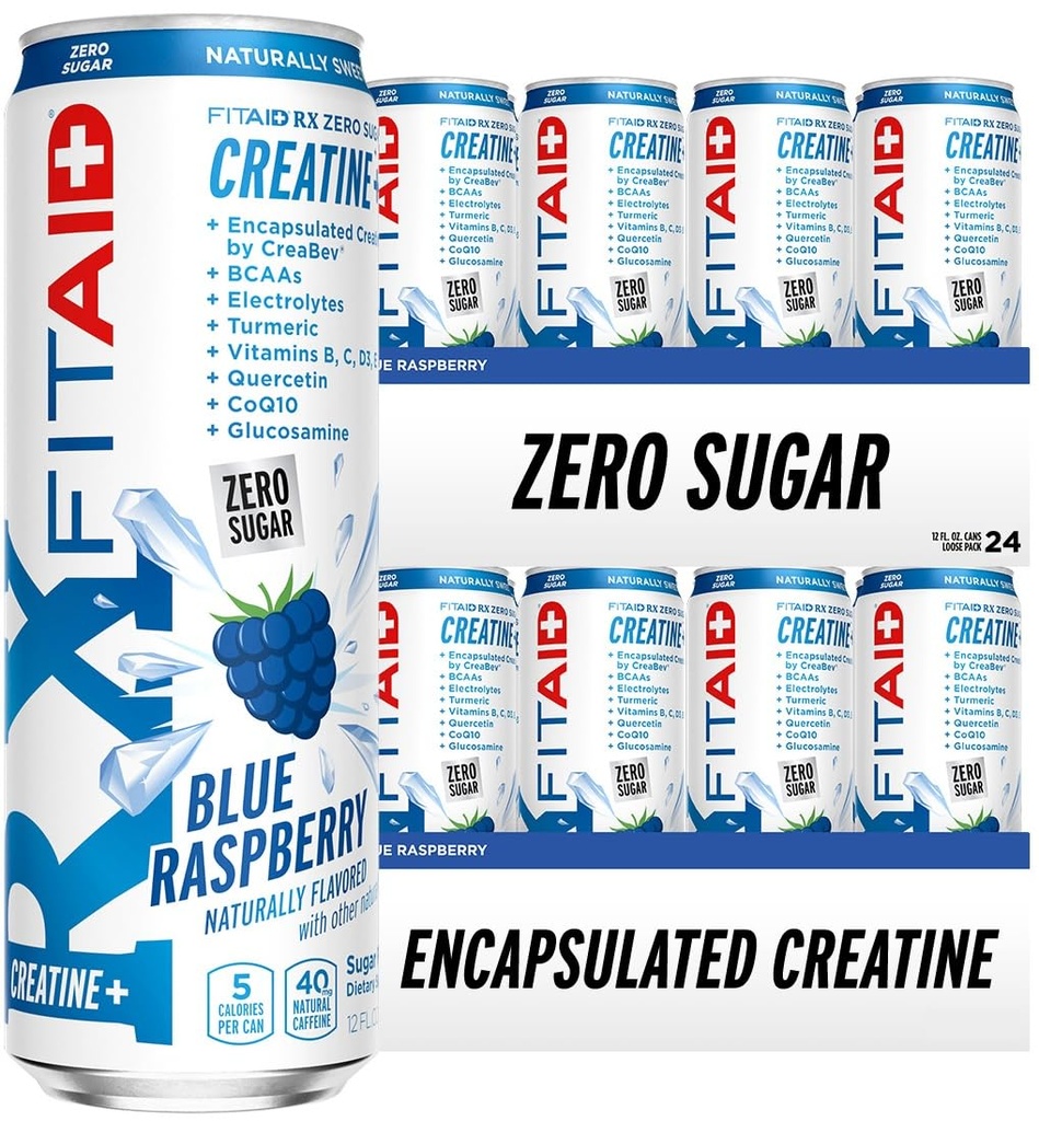 FITAID RX Zero Sugar, indkapslet Creatin, Workout Recovery Drink, All- In- One Blend, BCAAs, Glucosamin, Gurkemeje, B- Complex, Electrolytes, Blue Raspberry, 12 Fl Oz (Pack of 24)