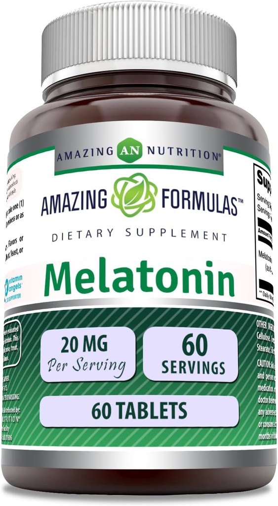 Amazing Formulas Melatonin Supplement: 124; 20 Mg pr Servering: 124; Tabletter: 124; Non- GMO: 124; Gluten- fri: 124; Fremstillet i USA (1 pakke, 60 greve)