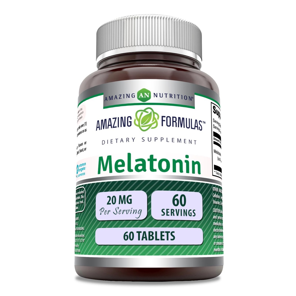 Amazing Formulas Melatonin Supplement: 124; 20 Mg pr Servering: 124; Tabletter: 124; Non- GMO: 124; Gluten- fri: 124; Fremstillet i USA (1 pakke, 60 greve)