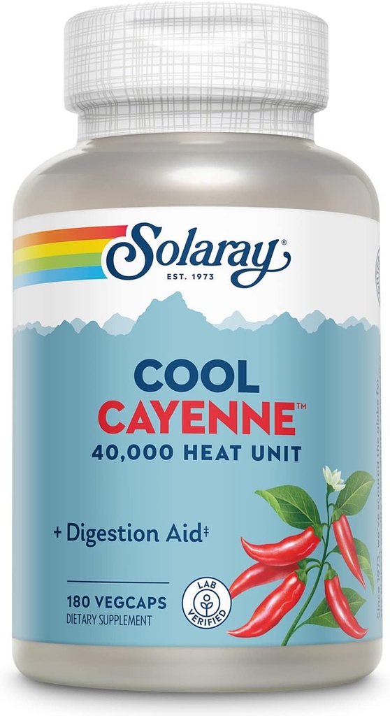 SOLARAY Cool Cayenne Pepper 40.000 HU, Cayenne Pepper Kapsler, fordøjelsesstøtte, Bio- Cool Process, Lab Verified, 60-Day Money- Tilbage garanti, 90 Servering, 180 VegCaps