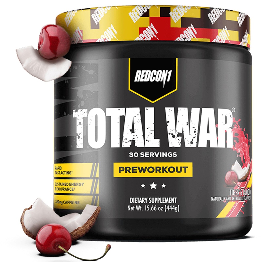 REDCON1 Total War Pre Workout, Tiger 's Blood - L Citrullin, Malic Acid, Green Tea Leaf Extract for Pump Boosting Pre Workout for Kvinder & Mænd - 3.2g Beta Alanine til at reducere Exhaustion (30 Servere)