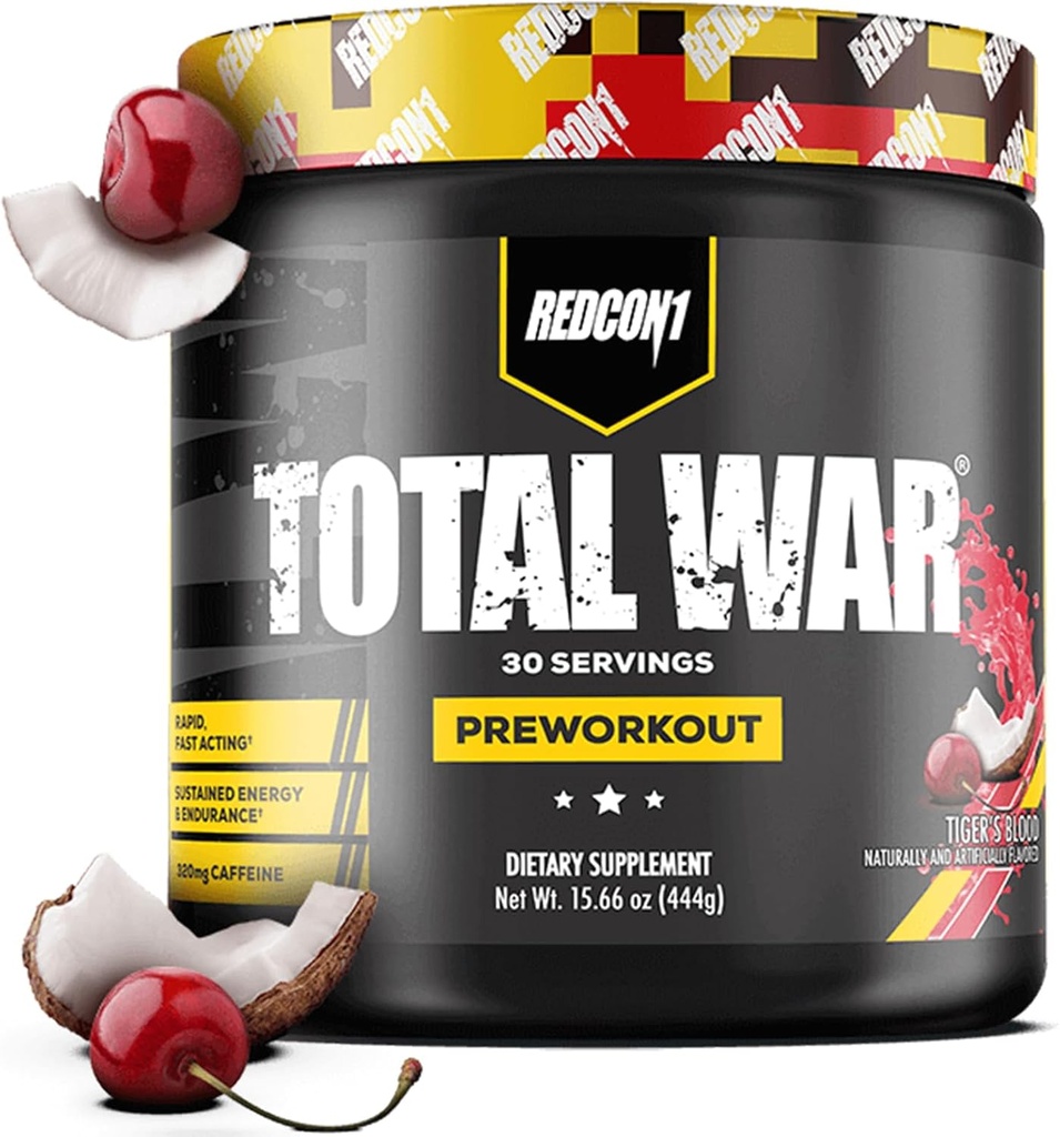 REDCON1 Total War Pre Workout, Tiger 's Blood - L Citrullin, Malic Acid, Green Tea Leaf Extract for Pump Boosting Pre Workout for Kvinder & Mænd - 3.2g Beta Alanine til at reducere Exhaustion (30 Servere)