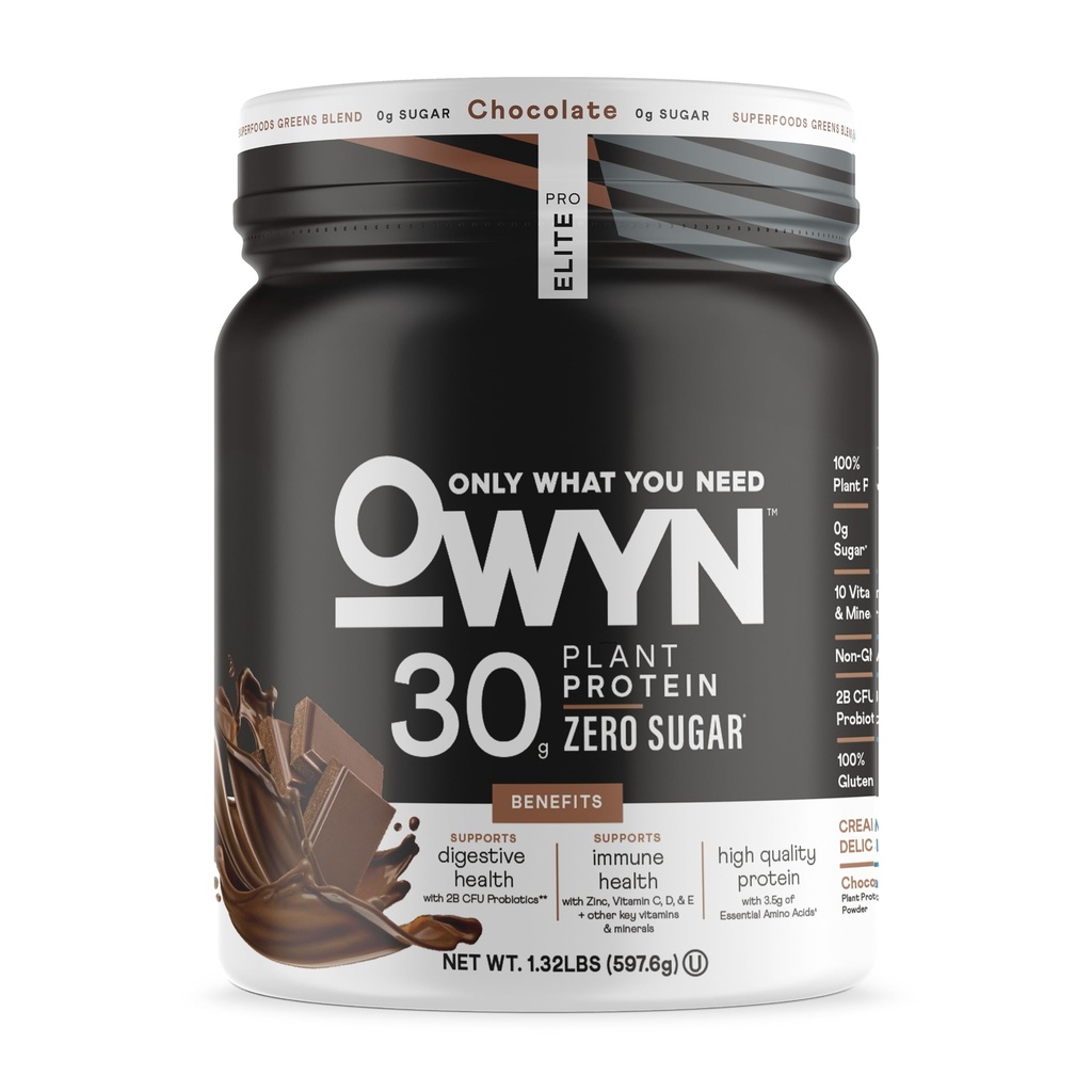 OWYN kun hvad du har brug for Pro Elite High Protein Powder, 30g Vegan Protein til træning inddrivelse, lækker glatte smag, Zero Sugar, Lave Net Carbs, Chokolade, 12 Servere (1,32 LB)