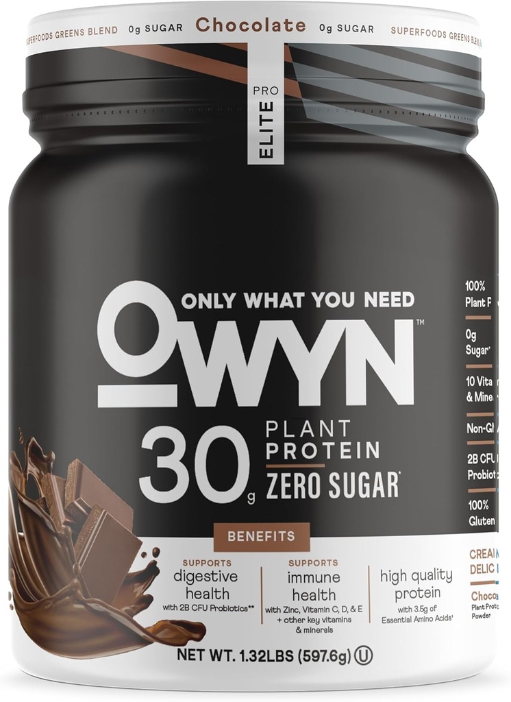 OWYN kun hvad du har brug for Pro Elite High Protein Powder, 30g Vegan Protein til træning inddrivelse, lækker glatte smag, Zero Sugar, Lave Net Carbs, Chokolade, 12 Servere (1,32 LB)
