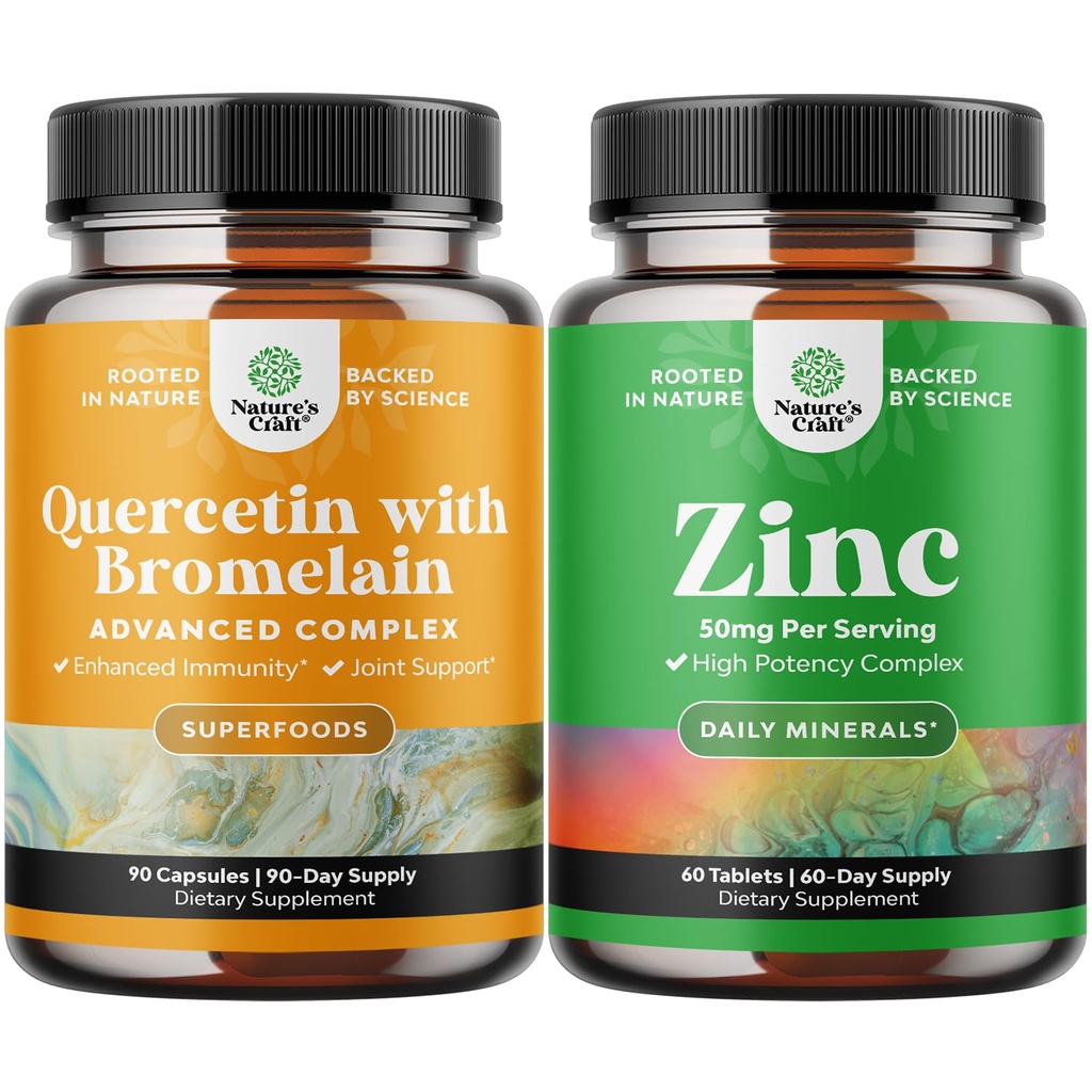 Bundle af Pure Quercetin med Bromelain Supplement + 500 mg kapsler til immunforsvar & åndedræt og zink 50mg - Forbedre hårhud og negle - Let at synke potente daglige tabletter til voksne