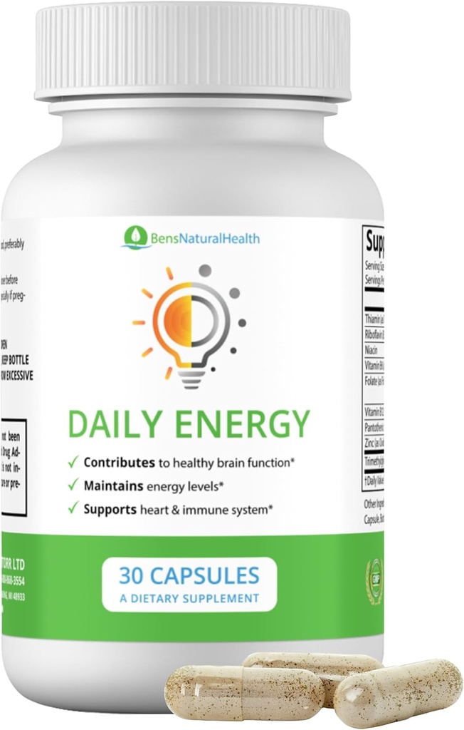 Bens Natural Health Daily Energy B- Vitamin Complex med TMG og Zink til naturlig energi, stress, Focus & immunforsvar, 30 kapsler