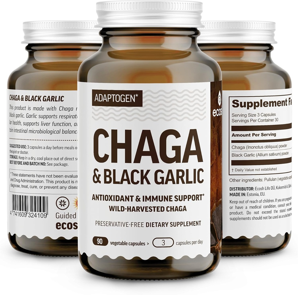 100% Real Wild Chaga Mushroom & Agged Black Hvidløg Powder Capsules - Antioxidant & immunsupport Supplement 124; Nordic Forest Chaga Mushrooms with Black Hvidløg Dex124; Ingen Fyldere Dex124; 1500mg Kapsler