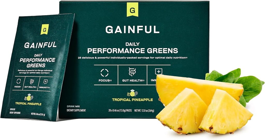 Gainful Daily Performance Green Powder, Kokos Ananas, Gut Sundhed, Energi, Fokus og Immun Support med L Theanine, Organic Green, Chlorella, Ingefær, Green + Adaptogen Drink Mix, 28 Pakker
