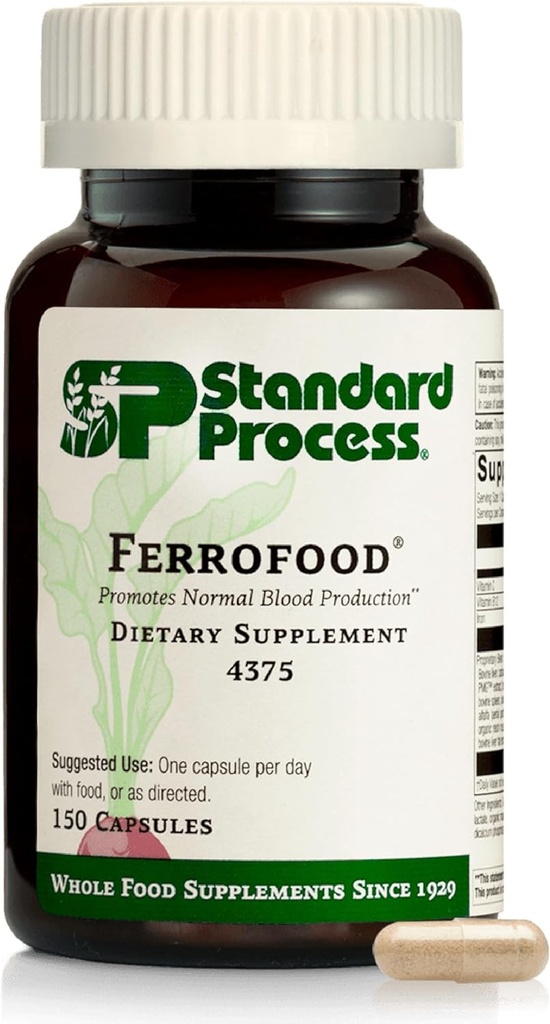 Standard Process Ferrofood - Blood Health Supplement - Enzyme Support med Vitaminer B12, C, & Iron - Non- Dairy & Non- Soy - 150 kapsler (40 Servere)