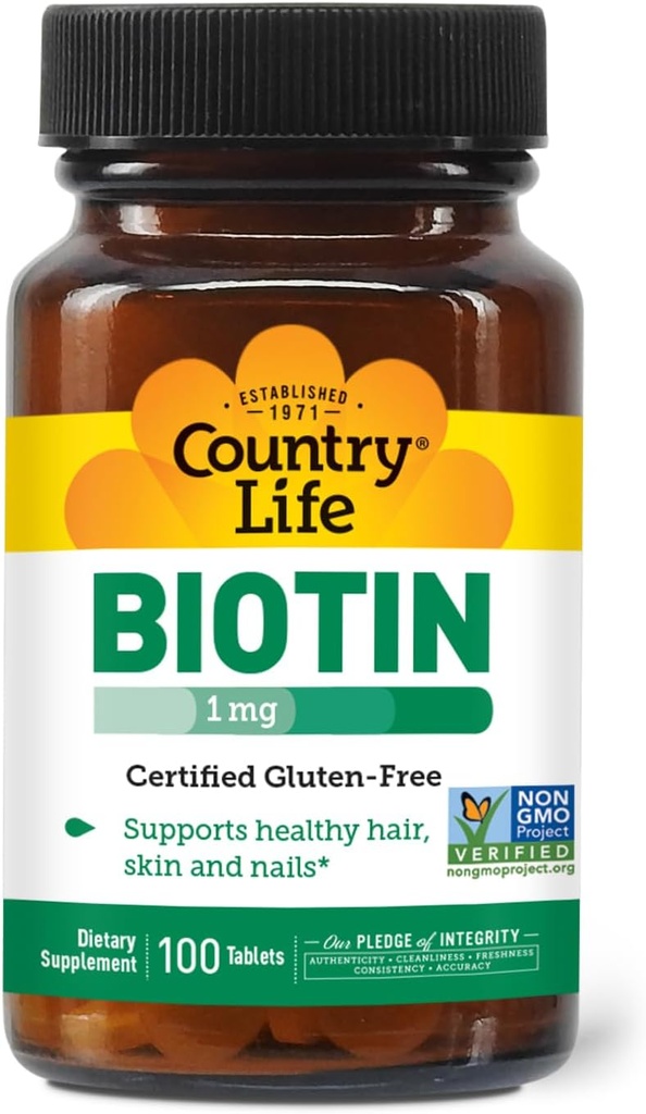 Country Life Biotin 1mg understøtter sundt hår, hud og negle, 100 tabletter, Certificeret gluten fri, Certificeret Vegan, Certificeret Halal, Non- GMO Verified