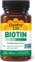 Country Life Biotin 1mg understøtter sundt hår, hud og negle, 100 tabletter, Certificeret gluten fri, Certificeret Vegan, Certificeret Halal, Non- GMO Verified