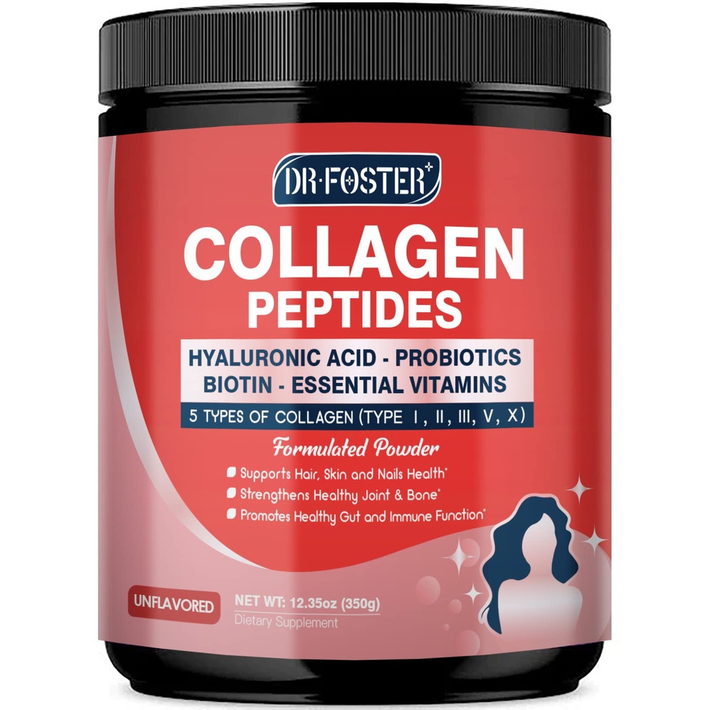 Multi Collagen Peptider Pulver med Probiotika - Type I II III V X - Hydrolyzed Collagen Peptider med Multivitaminer, Hyaluronsyre & Biotin - Støtte Skin Hair Nail Joints & Gut, 35 Servere