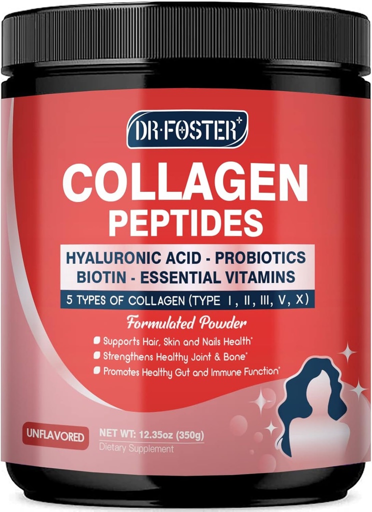 Multi Collagen Peptider Pulver med Probiotika - Type I II III V X - Hydrolyzed Collagen Peptider med Multivitaminer, Hyaluronsyre & Biotin - Støtte Skin Hair Nail Joints & Gut, 35 Servere
