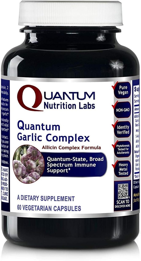 Quantum Nutrition Labs Quantum Hvidløg Complex - Hvidløg Allicin Kosttilskud, Hvidløg piller, Allicin ekstrakt, Hvidløg ekstrakt, Økologiske hvidløg kapsler, Immunstøtte - 60 Vegetariske kapsler