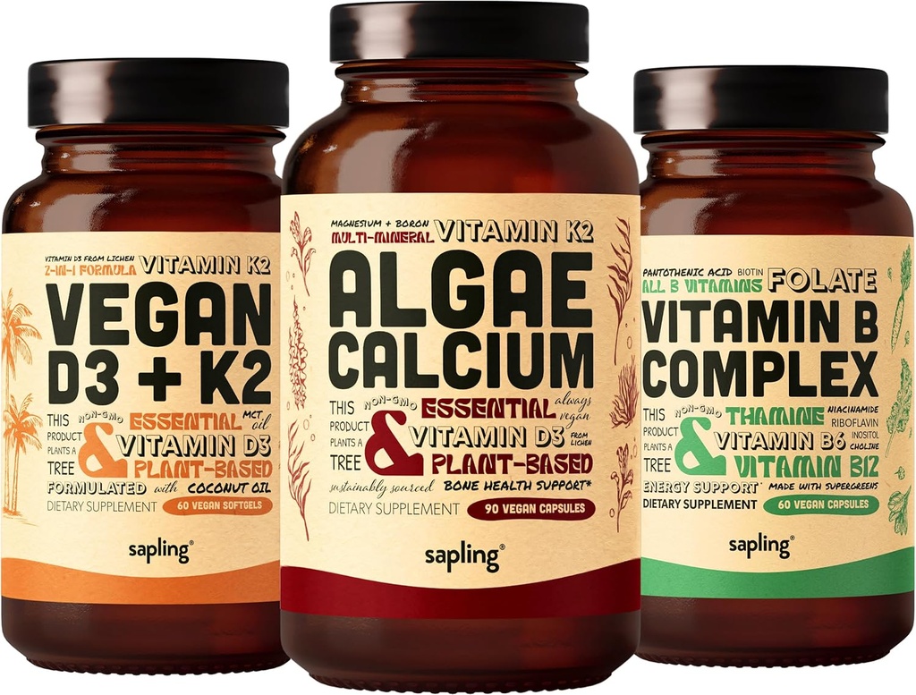 Alger Calcium & Vegan D3 + K2 & vitamin B Complex Bundle - Calciumtilskud fra røde alger, 4000 IE vitamin D3 og 100mcg vitamin K2, essentielle B vitaminer