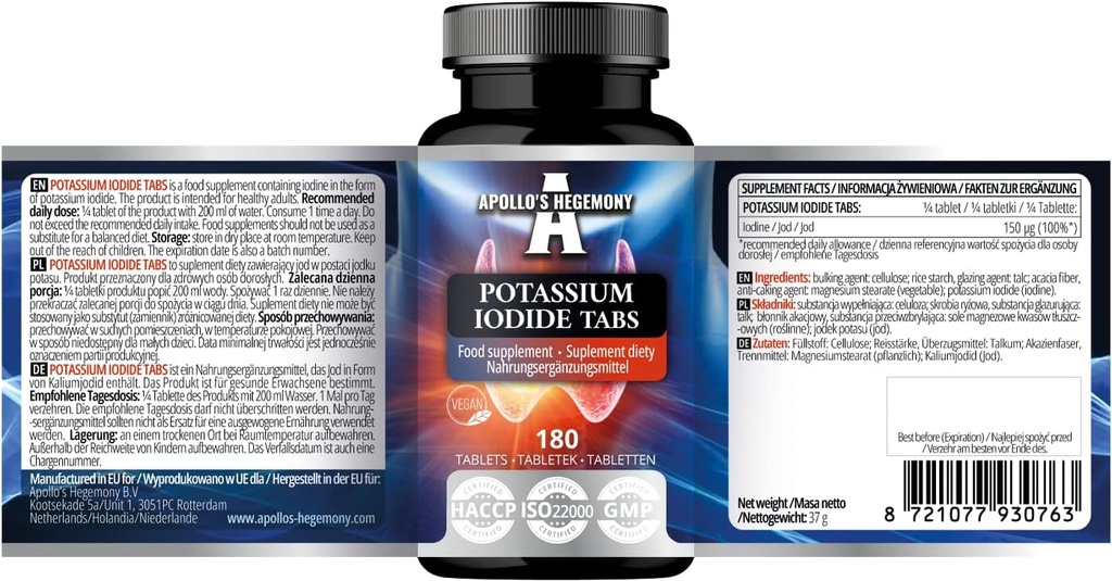 Potassium Iodide 150 mcg per Portion - 180 Vegan Tablets - 720 Servings - for Optimal Gland Function and Energy Metabolism - Diet Supplement by Apollo's Hegemony