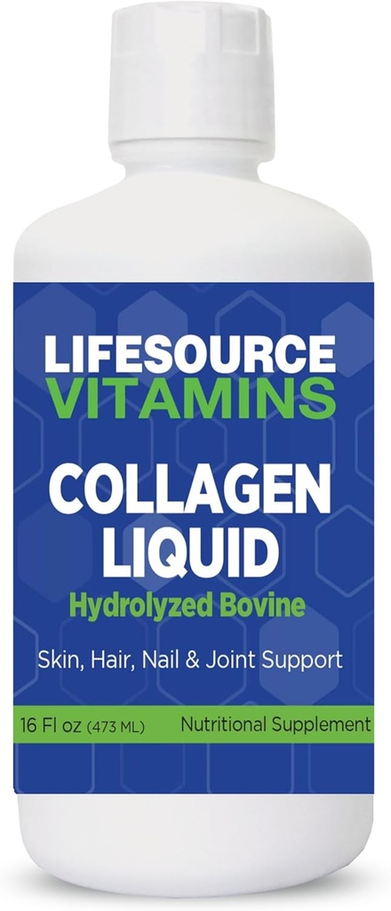 LifeSource Vitaminer Collagen Flydende - Siden 1992- 16 fl oz - 30 Day Supply. Type 1 og 3 Kollagen. Bones, Joints, Hår, Hud, Nails, Wrinkles.
