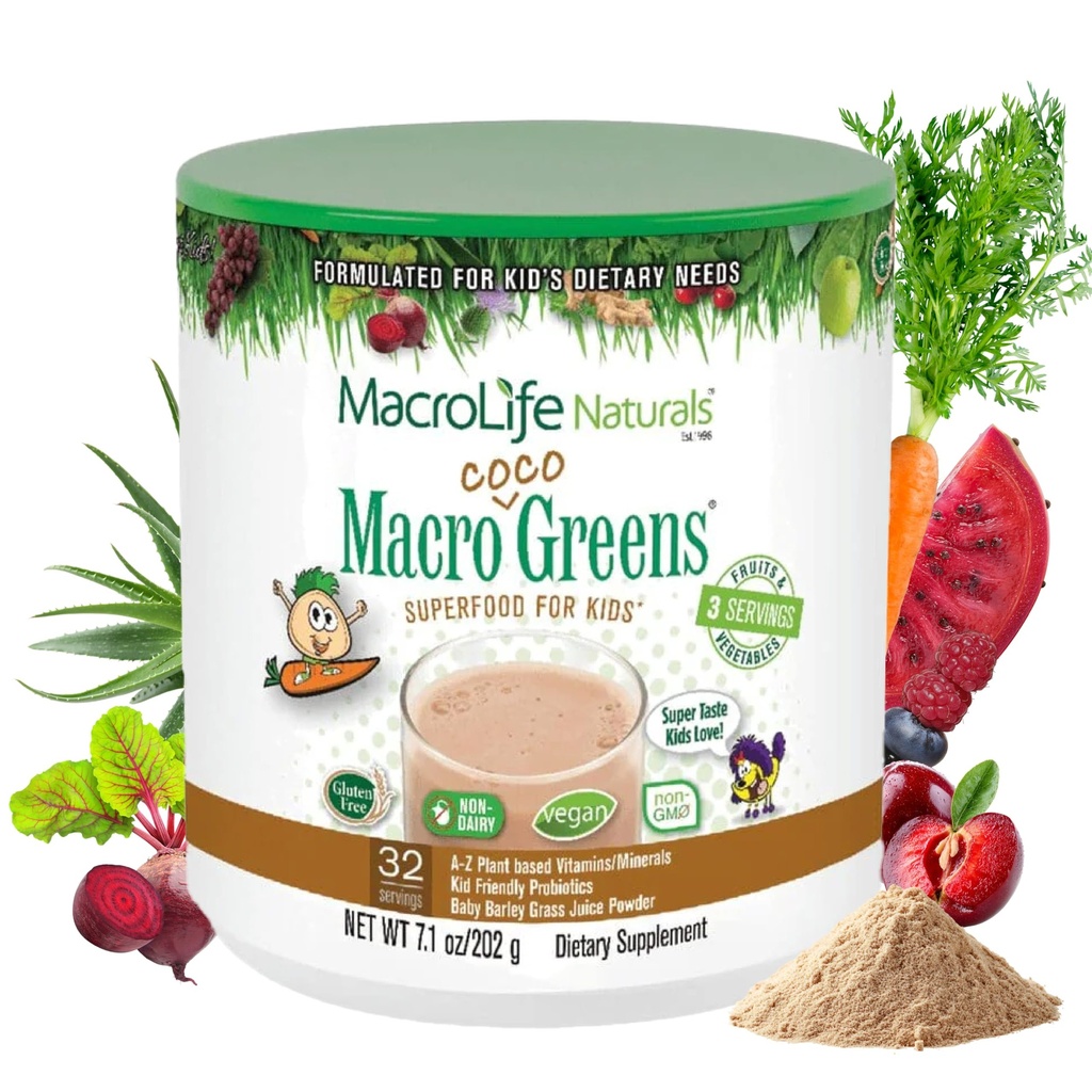 MacroLife Naturals MacroCoco Green Chocolate Superfood Powder for Kids Raw Fruits Veggies Probiotika & fordøjelsesenzymer, Immunitet Energi, Non- GMO, Vegan, Gluten, Dairy Free - 7oz (32 Servere)