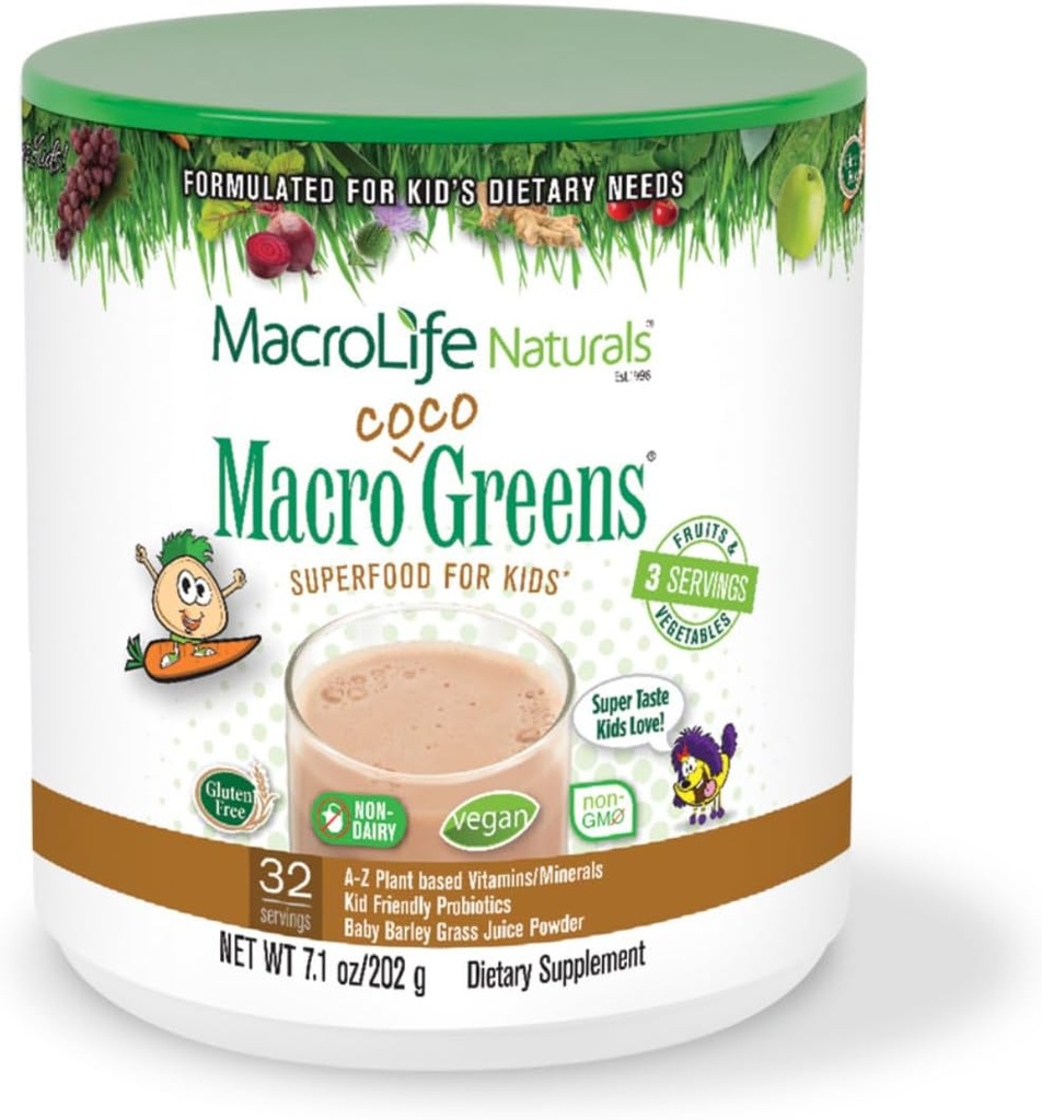 MacroLife Naturals MacroCoco Green Chocolate Superfood Powder for Kids Raw Fruits Veggies Probiotika & fordøjelsesenzymer, Immunitet Energi, Non- GMO, Vegan, Gluten, Dairy Free - 7oz (32 Servere)