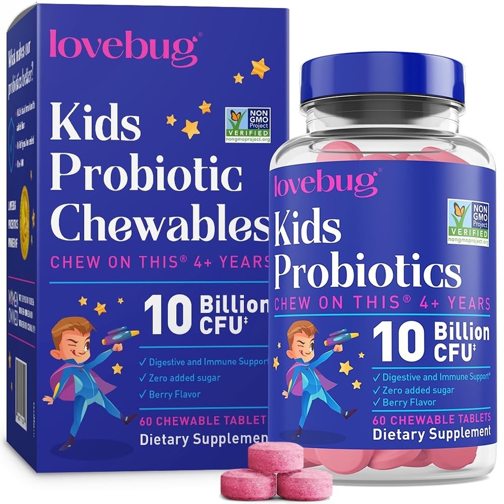 LOVEBUG Probiotika til børn - Probiotiske Chewables med Prebiotic Fiber for alder 4 +, Daglige børns Gut Sundhed & fordøjelsesstøtte supplement, Sugar- Free Berry Flavor, 60 Greve