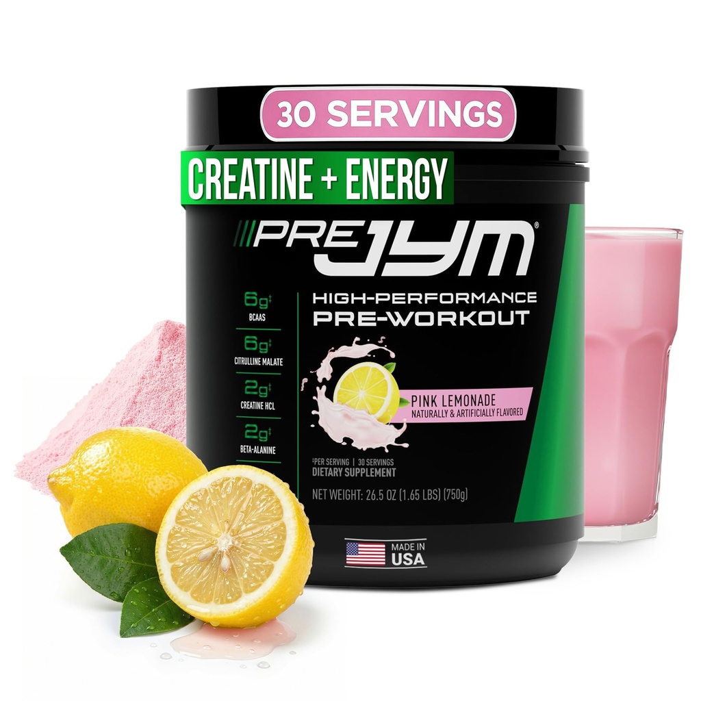 JYM Supplement Science Pre JYM Pink Lemonade Pre Workout Pulver til mænd og kvinder, BCAA, Nootropics, Creatin HCI, Citrullin, Beta- Alanine, Betaine, Taurine, Huperzine, 30 Servere