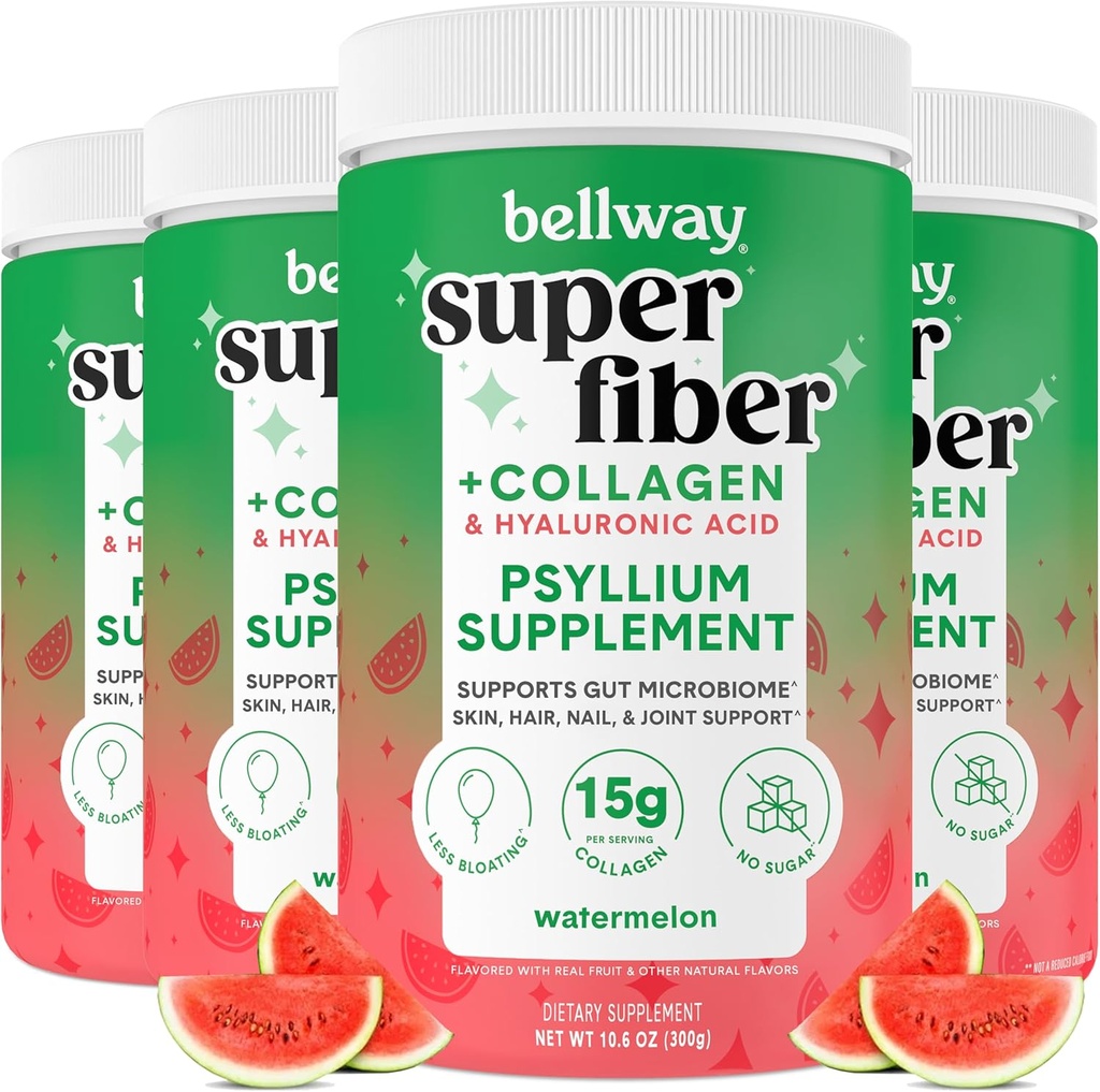 Bellway Super Fiber Powder + Collagen (4 Pack), Sugar- Free Psyllium Husk Powder med Collagen Peptider og Hyaluronsyre til Gut Health, Sund Hud, Nails, Bones & Joints, Watermelon (42,4 oz)