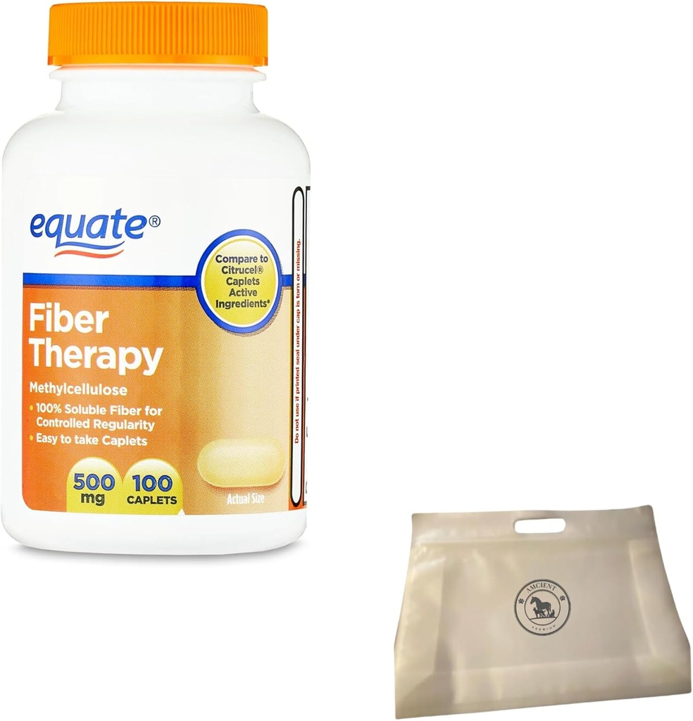Equate Fiber Therapy Methylcellulose Fiber Caplets 500 mg 100 Count (Pack of 1) Bundle with Reusable Food Pouch