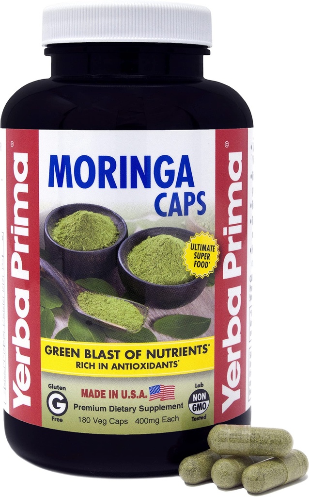 Yerba Prima Moringa, 180 Count Veg Caps - 400mg af Pure, Tørret Leaf Powder, Green Blast of Nutrients, Rich in Antioxidants, 100% Pure, Super Food, Non- GMO, Vegansk Friendly, Gluten- Free, USA Made