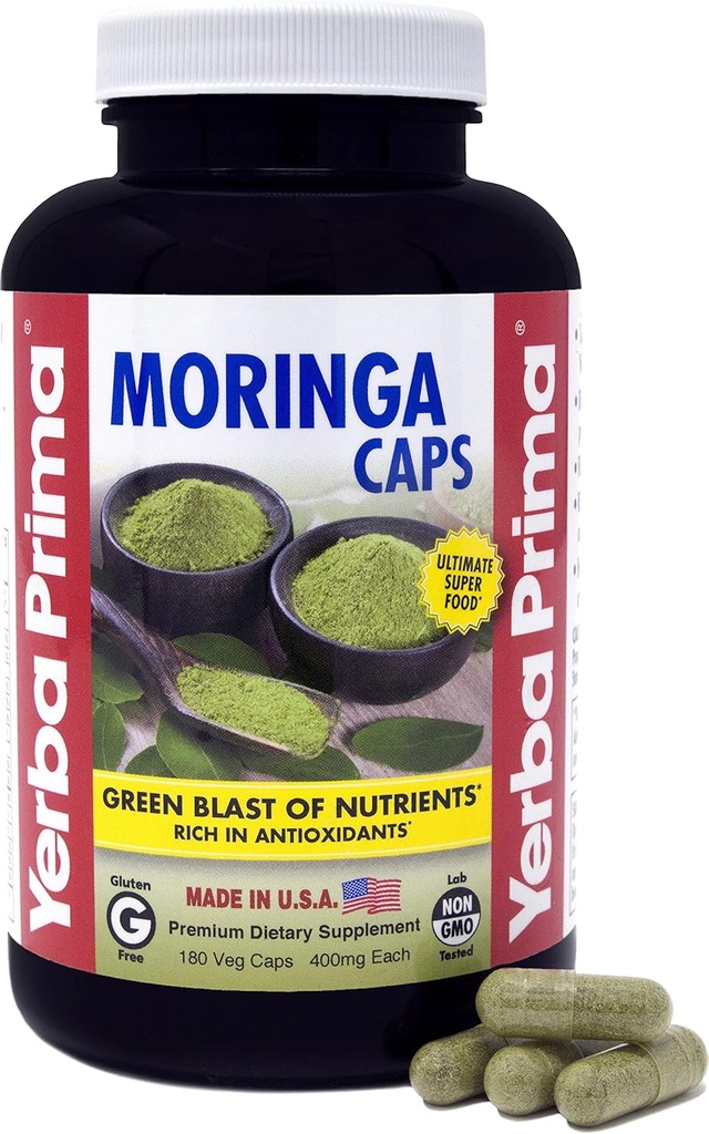 Yerba Prima Moringa, 180 Count Veg Caps - 400mg af Pure, Tørret Leaf Powder, Green Blast of Nutrients, Rich in Antioxidants, 100% Pure, Super Food, Non- GMO, Vegansk Friendly, Gluten- Free, USA Made