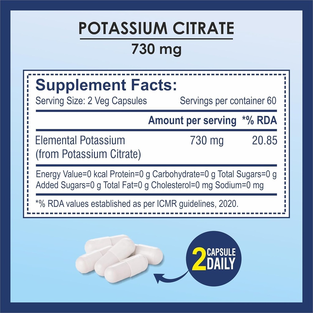 Kalium Citrate 730mg tillæg, understøtter Nyre funktion & sund muskel - 120 Vegetabilske kapsler
