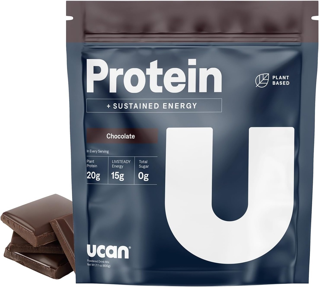 UCAN Energy + Plant Protein Powder - Vegan Plant Based Protein 20g Pea Protein med Aminosyrer EAA & BCCA - Keto Protein Powder - Ingen tilsat sukker, Gluten- Free - Chokolade -12 Serveringer
