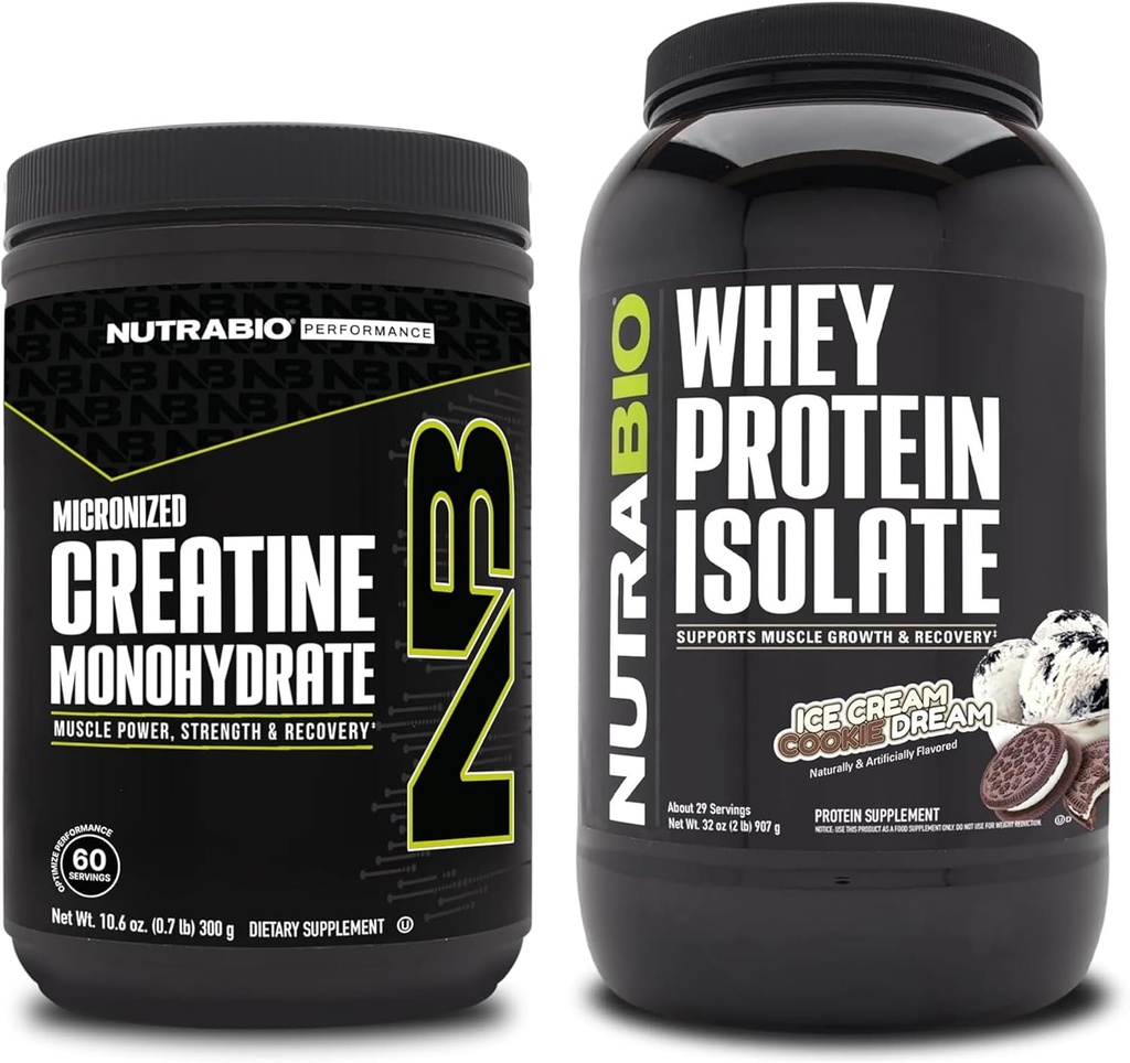 Nutrabio Creatin monohydrat, Unflavored, 300g og Whey Protein Isolate, Ice Cream Cookie Dream, Supplement Bundle - Muskelenergi, Lean Muskelvækst, Inddrivelse, og Styrke