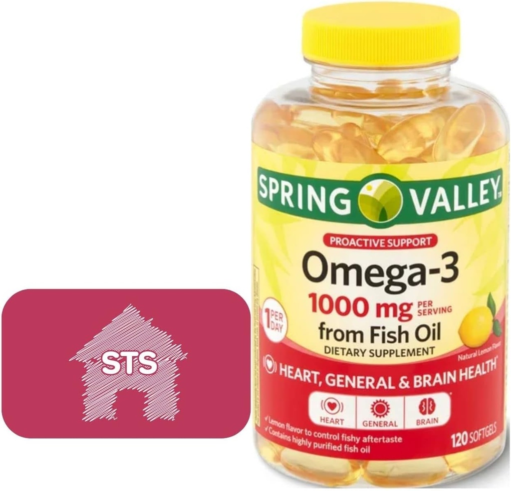 Spring Valley Omega-3 fra Fish Oil, 1000 mg, 120 Greve + STS Sticker.