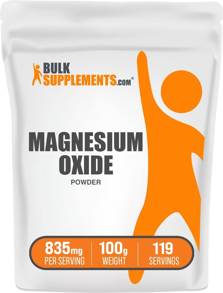 BulkSupplements.com Magnesium Oxide Powder - Magnesium Oxide Supplement, Mineral Supplement - Food Grade & Gluten Free, 835mg per Serving, 100g (3,5 oz) (pakning med 1)