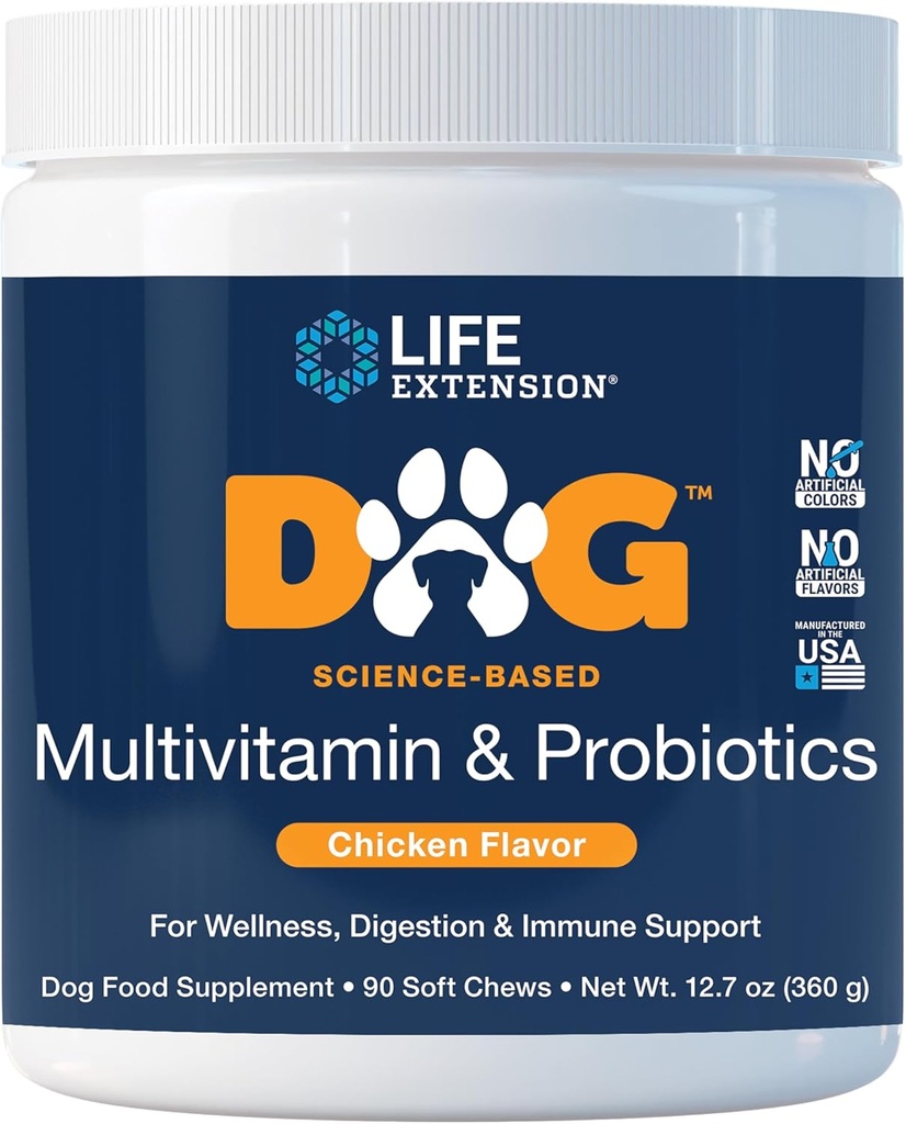 Life Extension Dog Multivitamin & Probiotika - Hundemad supplement til total sundhed, fordøjelse og immunforsvar - Vitaminer, Probiotiske Blend, Colostrum (Bovine) - 90 Soft Chews