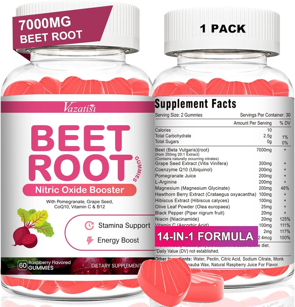 Beet Root Gummies - Nitro Oxide Beet Gummies for Circulation Support, Nitro Oxide Production - med Grape Seed, Hawthorn Berry, Hibiscus, Organic, Non- GMO, 60 Gummies