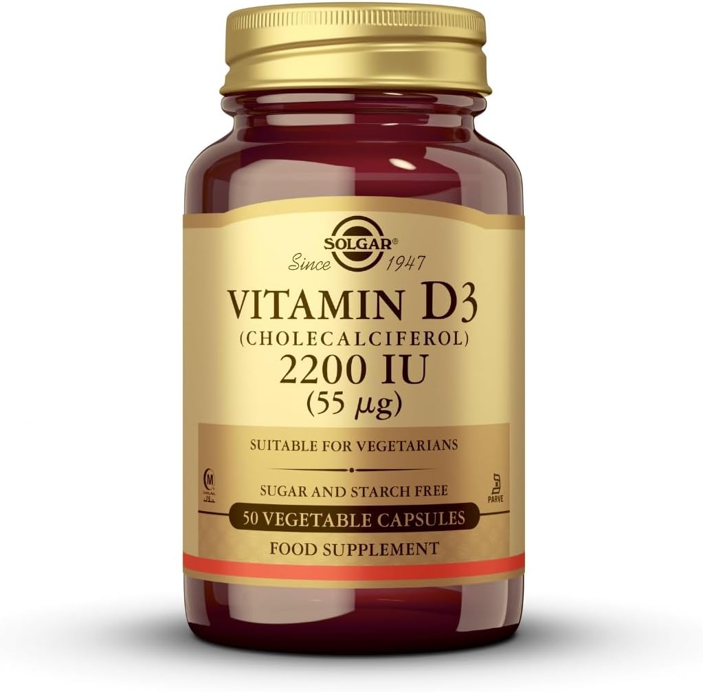 Solgar Vitamin D3 (Cholecalciferol) 55 mcg (2200 IE), 50 Vegetabilske kapsler - Hjælper bevare sunde knogler & tænder - immunsystem support - non-GMO, Gluten fri, Dairy Free, Kosher - 50 Servere