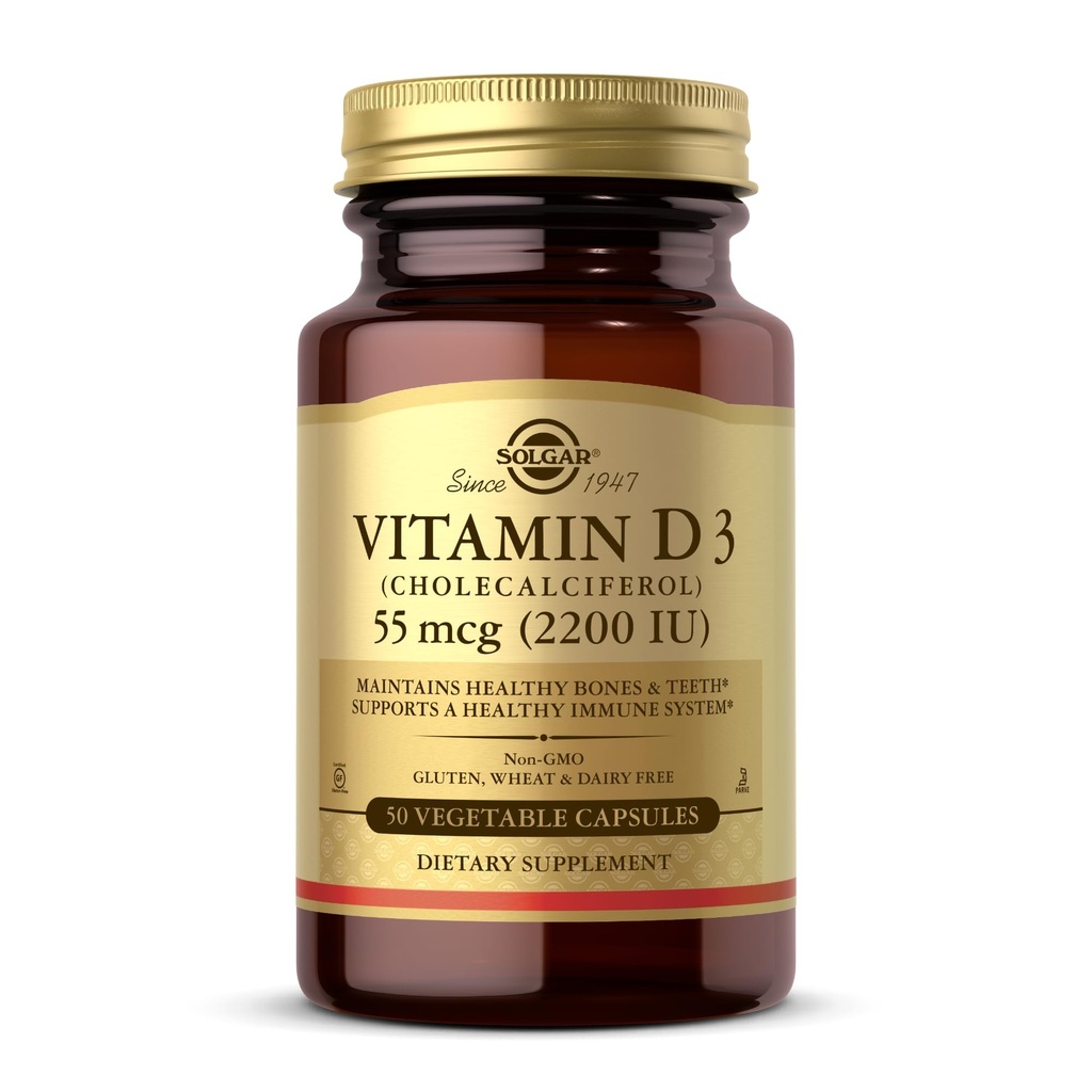 Solgar Vitamin D3 (Cholecalciferol) 55 mcg (2200 IE), 50 Vegetabilske kapsler - Hjælper bevare sunde knogler & tænder - immunsystem support - non-GMO, Gluten fri, Dairy Free, Kosher - 50 Servere