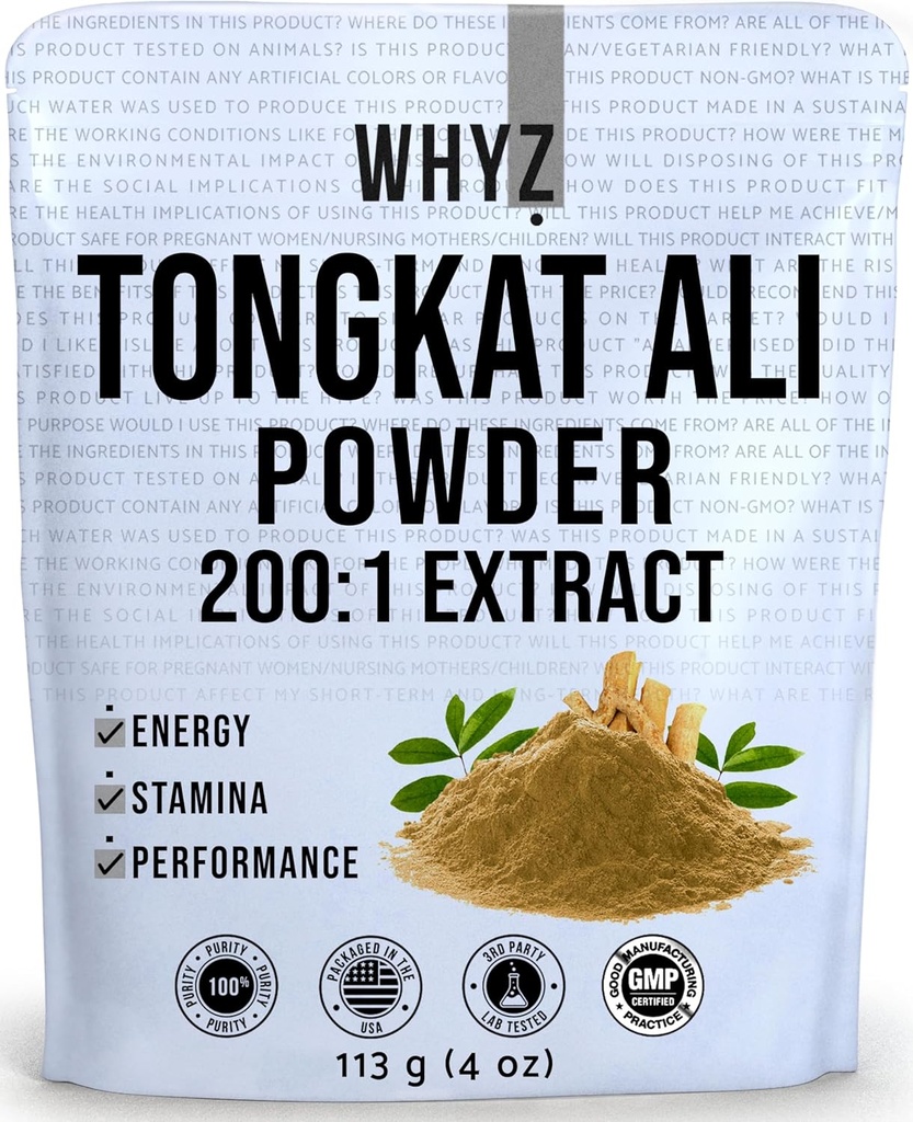 WHYZ Tongkat Ali Powder 113g, Pure Longjack 200: 1 Extract Eurycoma Longifolia Supplement Pulver til øget fysisk ydeevne og velvære, Longjack Tongkat Ali for mænd og kvinder, 323 Servering