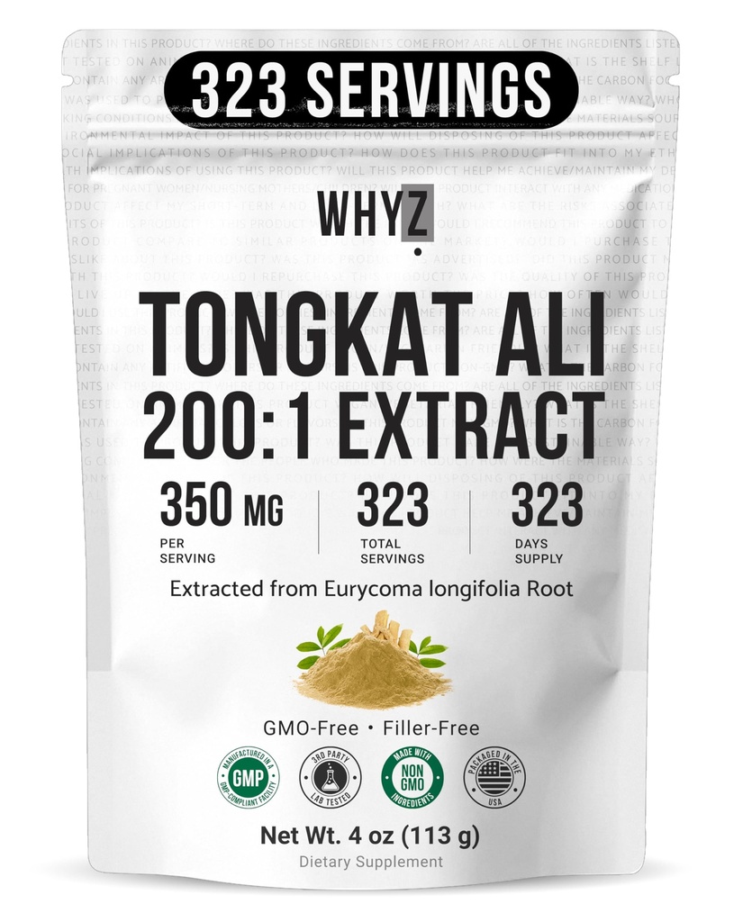WHYZ Tongkat Ali Powder 113g, Pure Longjack 200: 1 Extract Eurycoma Longifolia Supplement Pulver til øget fysisk ydeevne og velvære, Longjack Tongkat Ali for mænd og kvinder, 323 Servering