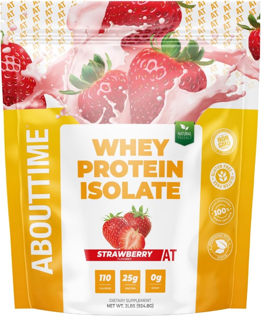 About Time Whey Protein Isolate Powder 25g Strawberry, Natural Ingredients, Non-GMO, Gluten-Free, Lactose-Free, Zero Sugar, Low Carb, 32 Servings