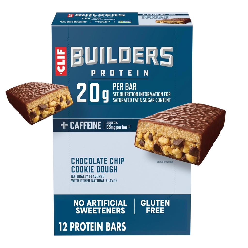 CLIF BUILDERS + Koffein Protein Bars - Chokolade Chip Cookie Pough Flavor - 20g Plantebaseret Protein - Gluten Free - Non-GMO - Lav Glycemisk - Ingen kunstige sødestoffer - 2.4 oz. (12 Pack)