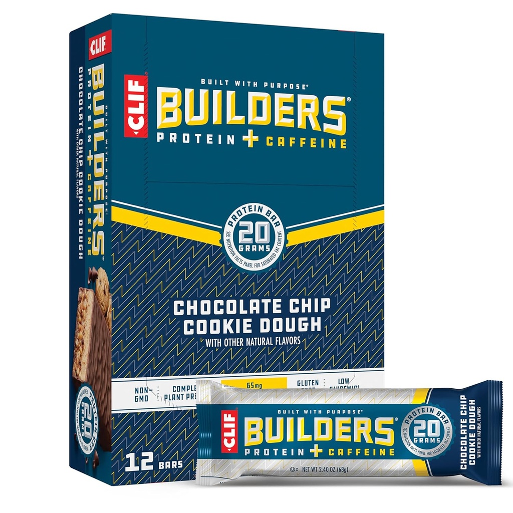 CLIF BUILDERS + Koffein Protein Bars - Chokolade Chip Cookie Pough Flavor - 20g Plantebaseret Protein - Gluten Free - Non-GMO - Lav Glycemisk - Ingen kunstige sødestoffer - 2.4 oz. (12 Pack)