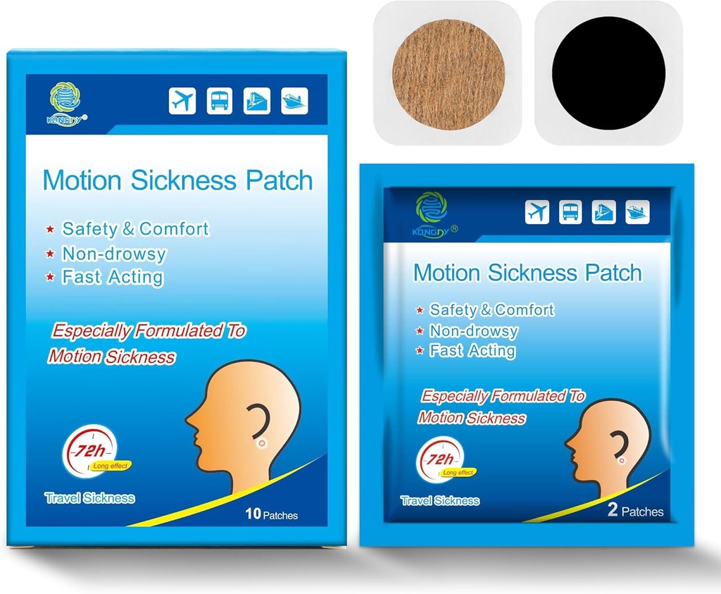 KONGDY 10 Counts Motion Sygdom Patches for børn voksne, Seasick Patch for Cruise fra Rejser med vandtæt og ikke Drowsy, Sea Sygdom Patches Bag Øre